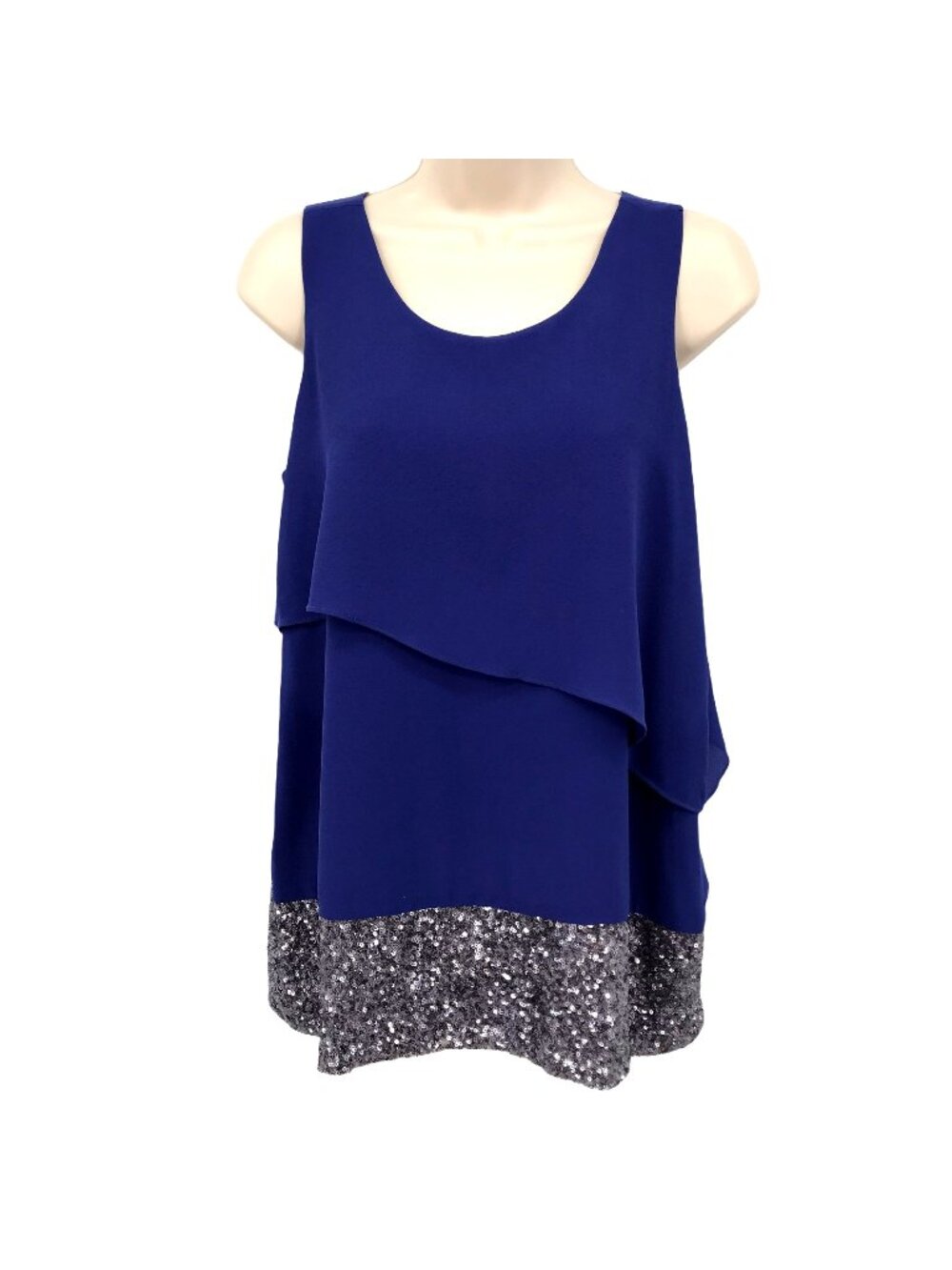 MM Couture Blue Sleeveless Layered Top With Silver Sequin Hem Size M